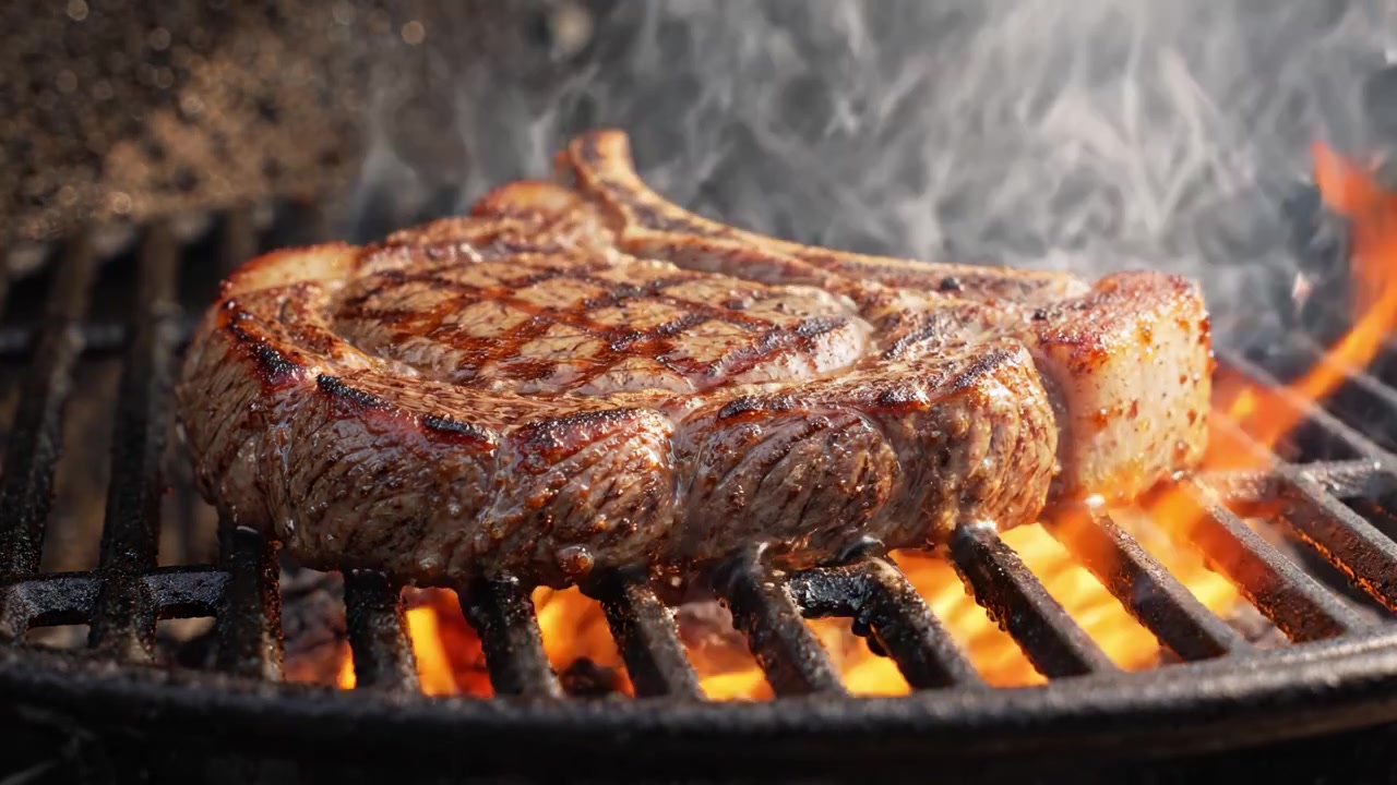 Sizzling Juicy Steak Grilled to Perfection with Smoky Flames and Delicious Melting Fat Creating an Irresistible Outdoor Cooking Experience