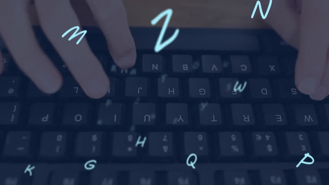 Animation of letters changing over female student using computer keyboard