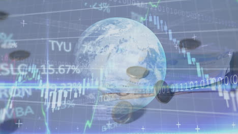 animación de globo y monedas que caen sobre la pantalla del mercado de valores en el fondo
