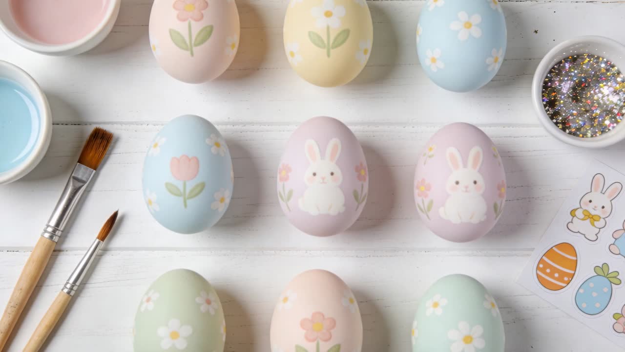 Zooming camera showing brushwork on middle trio pastel eggs on white craft table, with paintbrushes
