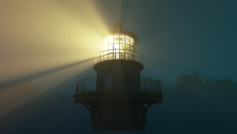 Lichtstrahl-Vom-Leuchtturm,-Der-Sich-Bei-Sonnenuntergang-über-Dem-Meer-Dreht.-Hoher-Turm-Auf-Der-Kleinen-Insel.-Das-Gebäude-Dient-Als-Navigationshilfe-Für-Seelotsen-In-Der-Nacht.-Wiederholbare-Animation.