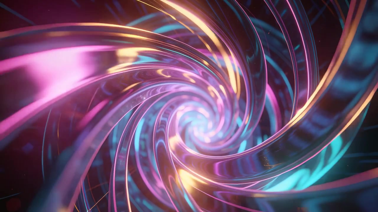 Un bagliore che sale, spingendo nastri lucidi rotanti che si stringono verso il nucleo nel vuoto, con sfumature ciano, rosa e oro.