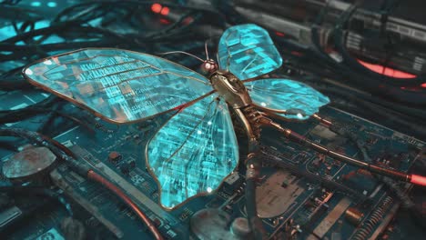 cybernetic butterfly perched on a circuit board
