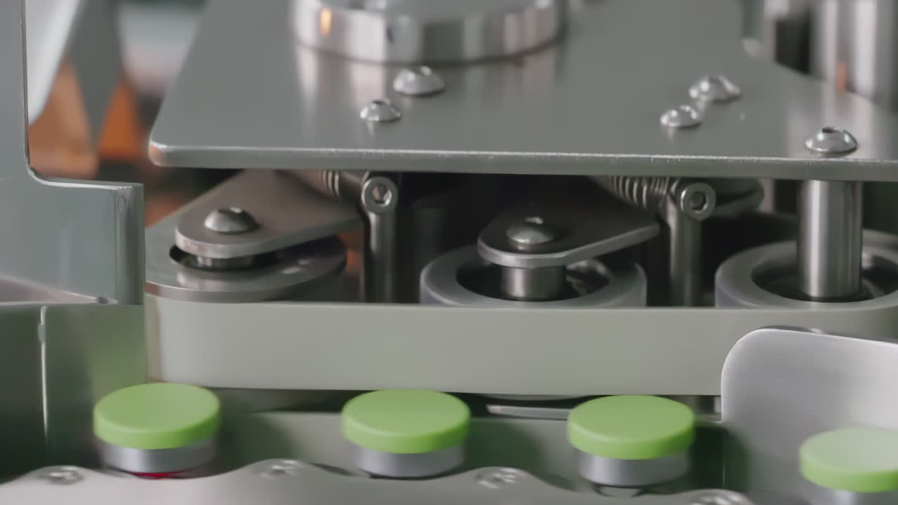 Top View Of Vaccine Mass Production Line at Modern Modern Pharmaceutical Factory. Glass Ampoules are being Filled. Medication Manufacturing Process.
