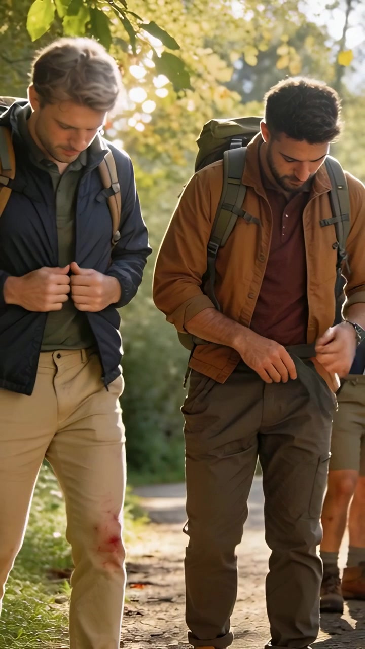Video verticale: Due escursionisti che camminano, si aggiustano le giacche e allacciano la cintura in vita per una migliore vestibilità su un sentiero sterrato