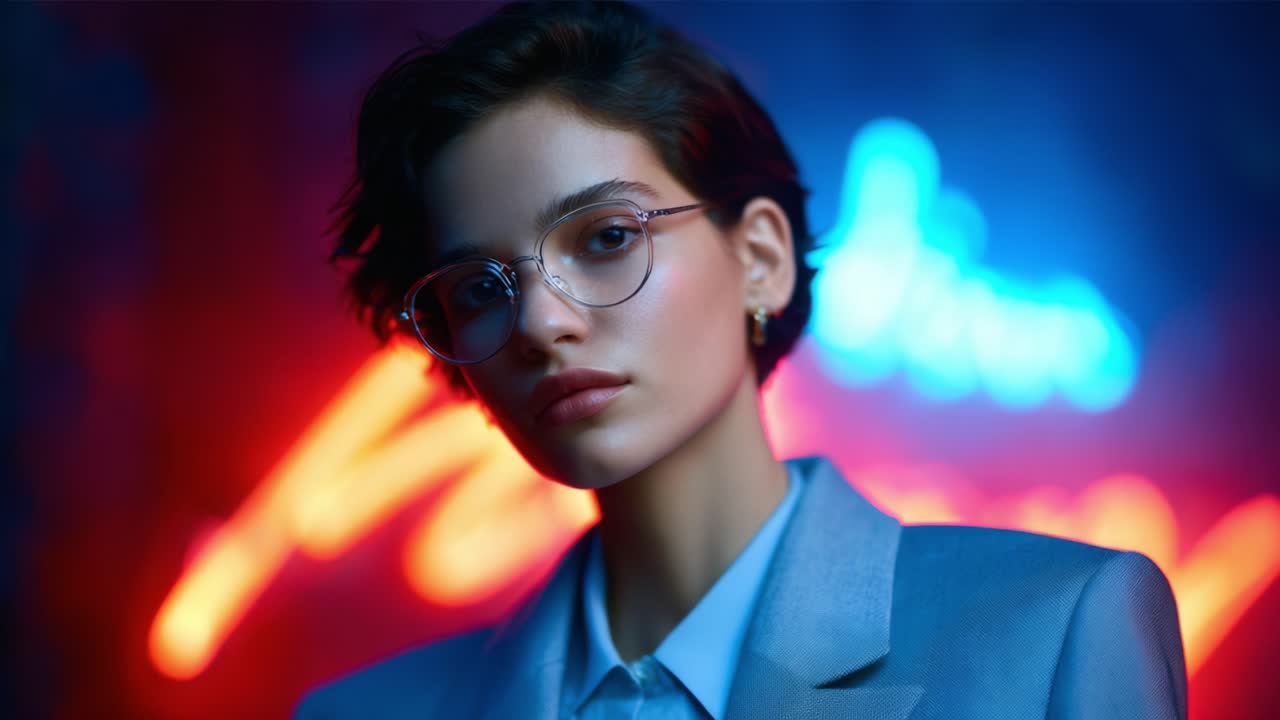 Ritratto di eleganza: un giovane che emana sicurezza e stile su uno sfondo neon vivido