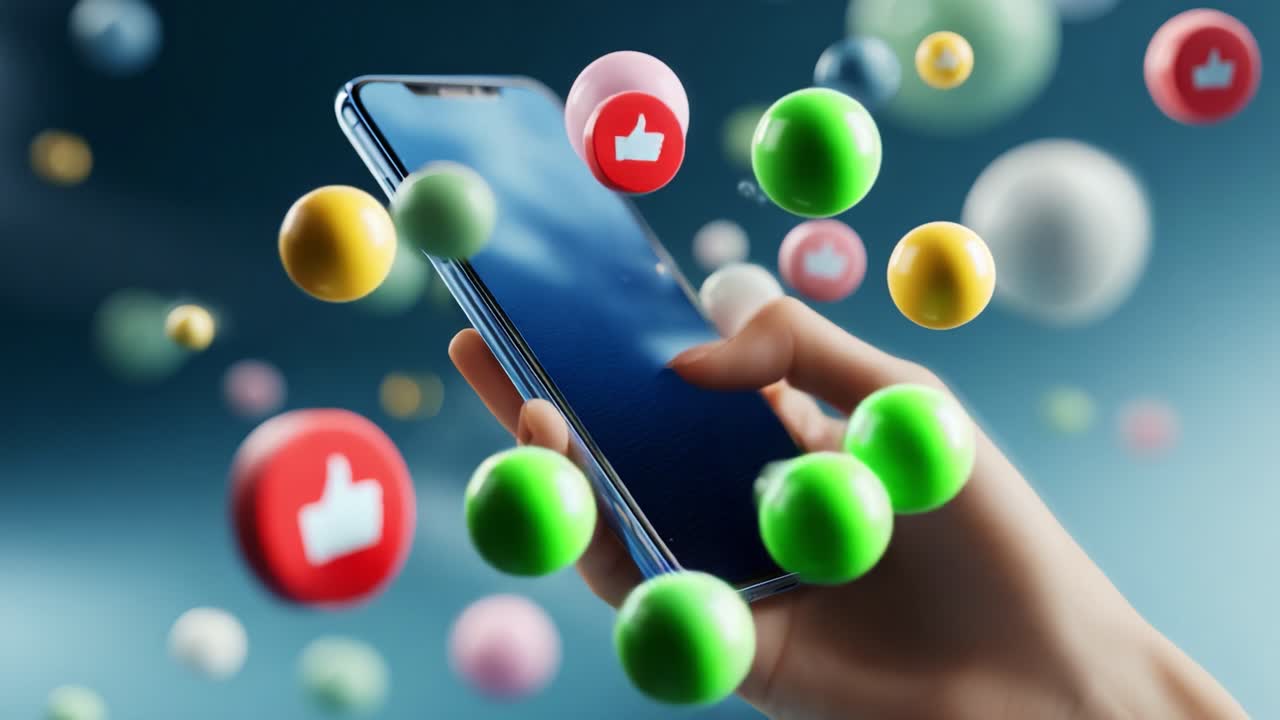 A Hands-On Exploration of Digital Interaction: The Mobile Device Surrounded by Colorful Interactive Elements Representing Engagement and Connectivity in the Online World