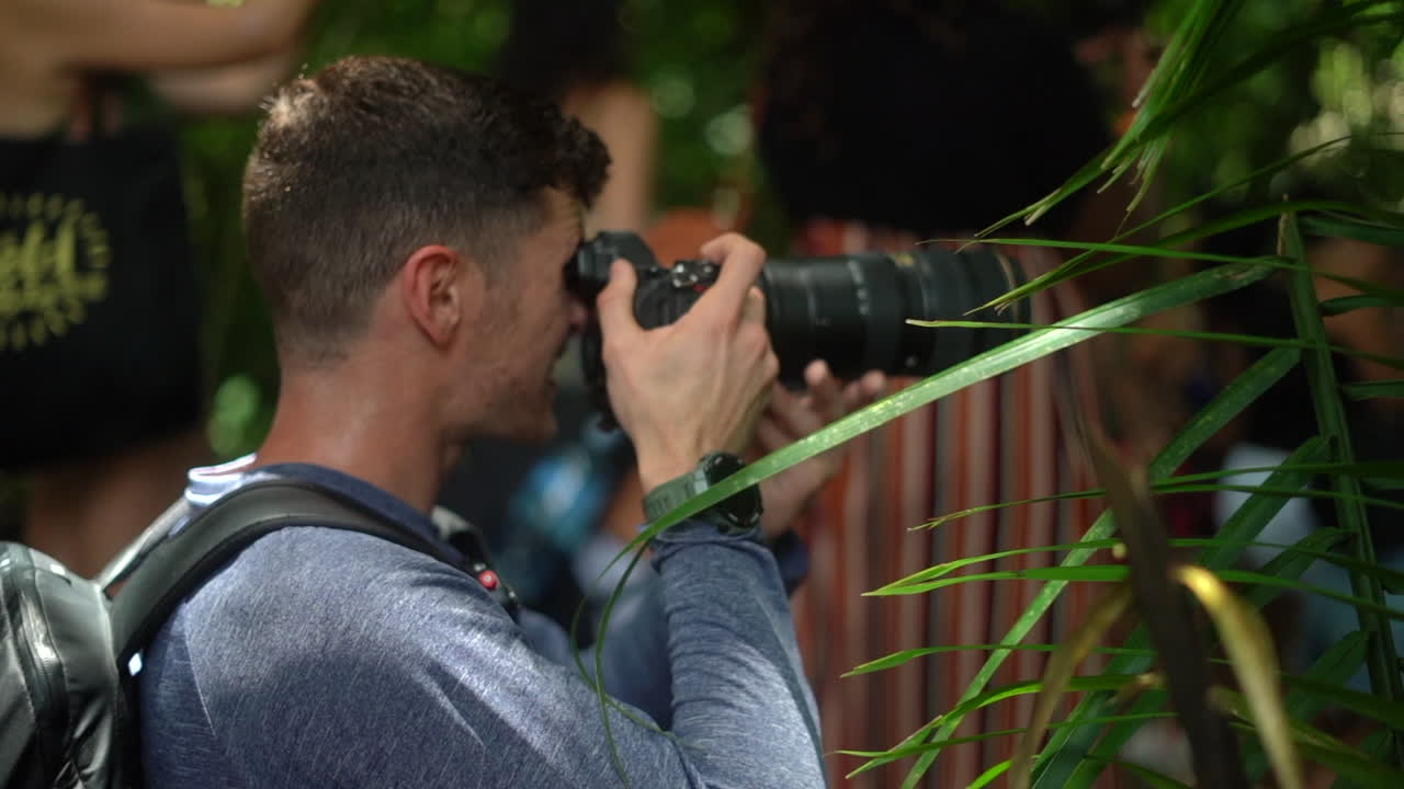 Tourist photographer lines up a shot through the jungle foliage - slow motion