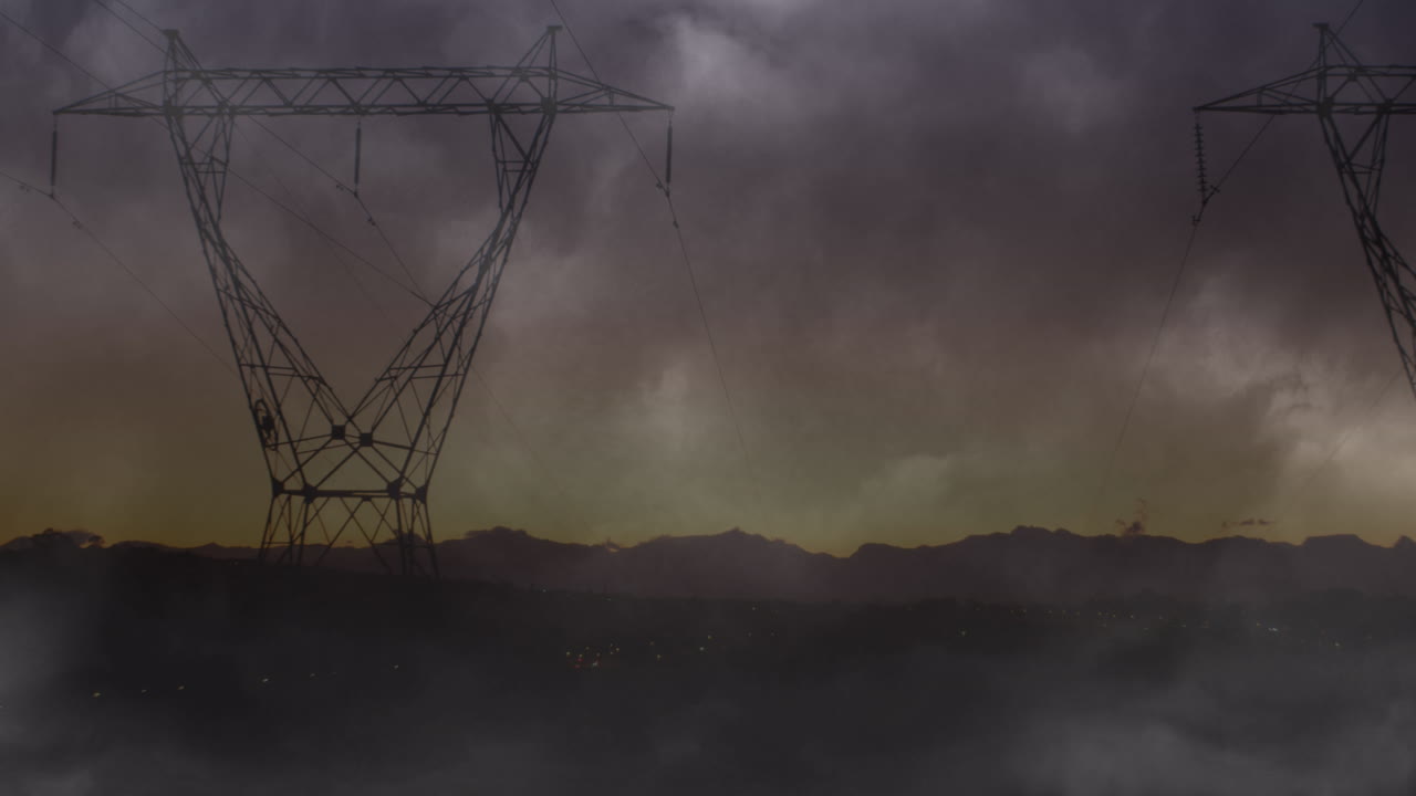 Animation of storm with pink lightning and grey clouds over electric pylons