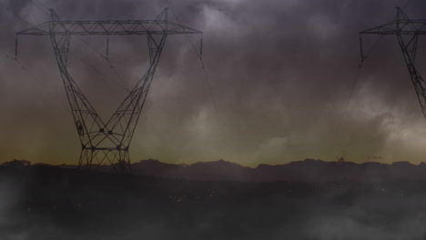 animation of storm with pink lightning and grey clouds over electric pylons