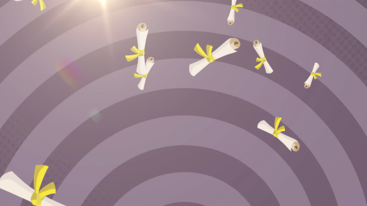 여러 개의 디플로마가 보라색 바탕에 움직이는 여러 개의 원에 맞춰 떨어집니다.