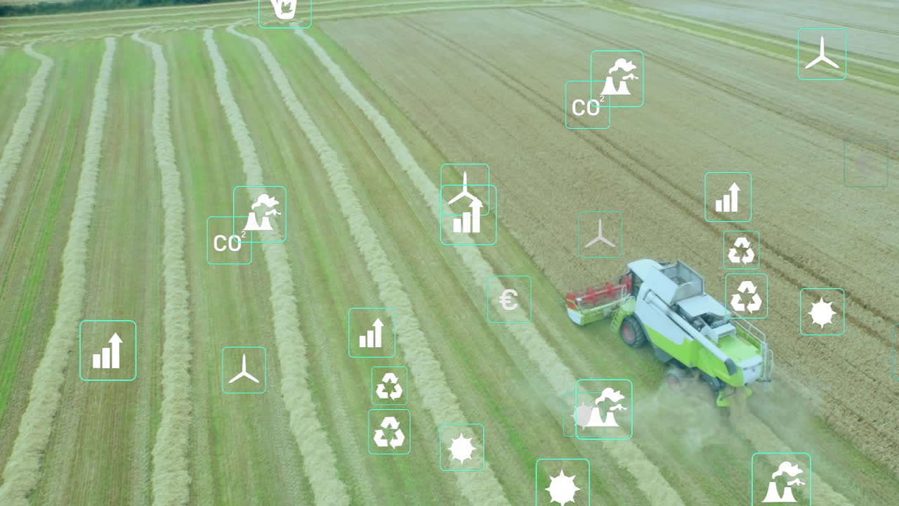Combine harvester harvesting crop in field, showing floating eco and economic icons in flat design