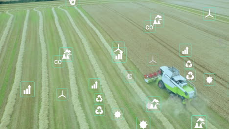 combine harvester harvesting crop in field, showing floating eco and economic icons in flat design