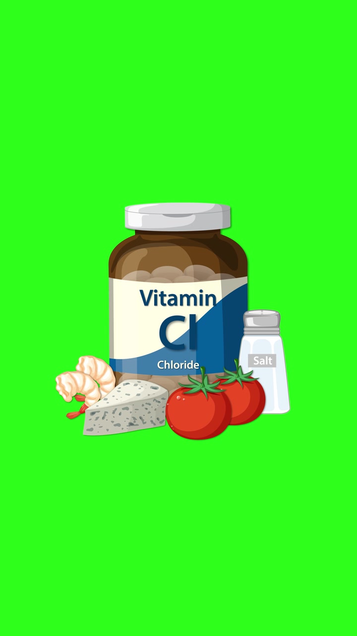 Flacone di integratore di cloruro vitaminico con sale, aglio, riso e pomodori, animato su sfondo verde brillante