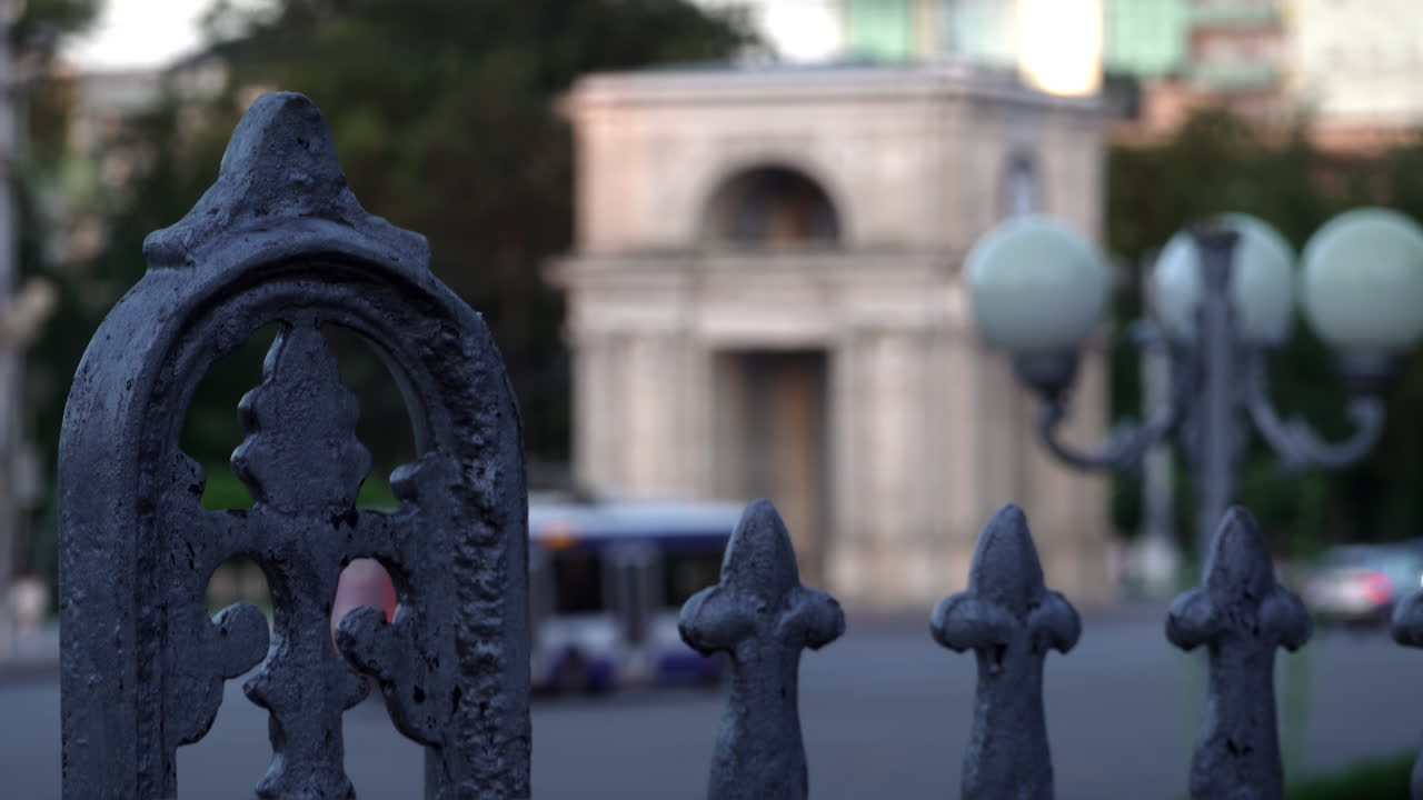 Blurred view of the The Triumphal Arch in Chisinau, Moldova