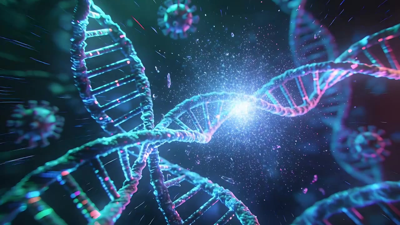 Elica di DNA che reagisce su scala microscopica, emettendo un lampo dopo la collisione con un virus e diffondendo particelle.
