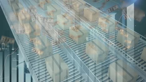 animation of  cardboard boxes lying on conveyor belts over statistics showing in the background