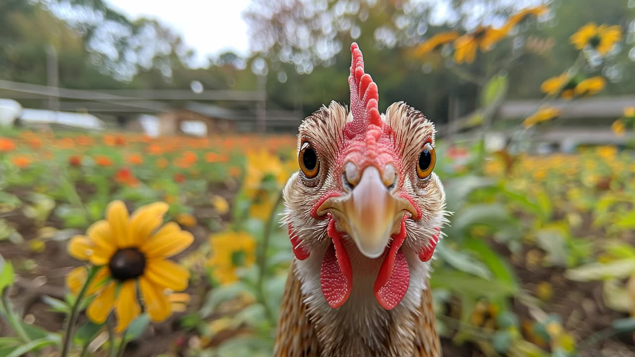 Colorful chicken among blooming flowers. A chicken stands close to bright yellow flowers in a vibrant garden during a sunny day, showcasing nature's beauty