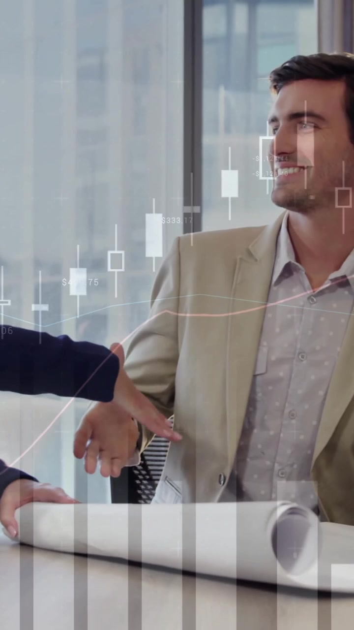 Animation af finansiel databehandling over forskellige forretningsfolk på kontoret