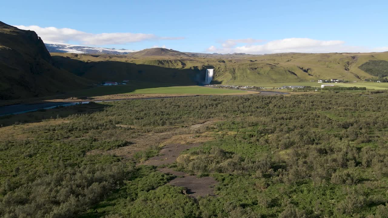 Experience Sk&oacute;gafoss Waterfall from above with our 4K drone footage, highlighting Iceland's epic scenery