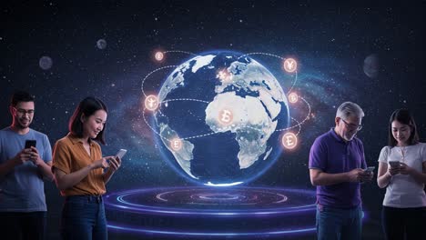 exploring global connectivity: a digital transformation with individuals engaged in using smartphones amidst a virtual representation of the earth and global currency symbols
