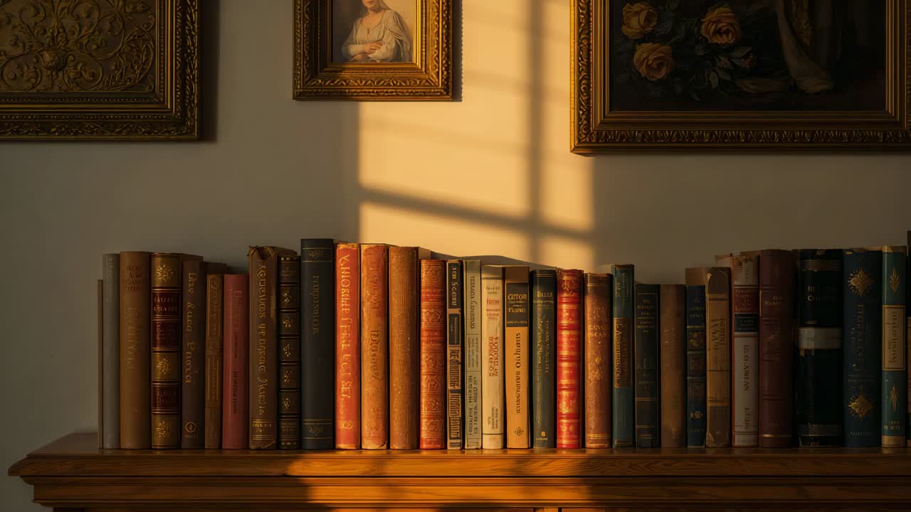 Raggi di sole che filtrano attraverso le finestre a croce che illuminano una fila di libri con copertina rigida sul ripiano del camino e cornici dorate