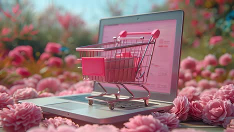 online shopping with a laptop and miniature cart amidst pink flowers