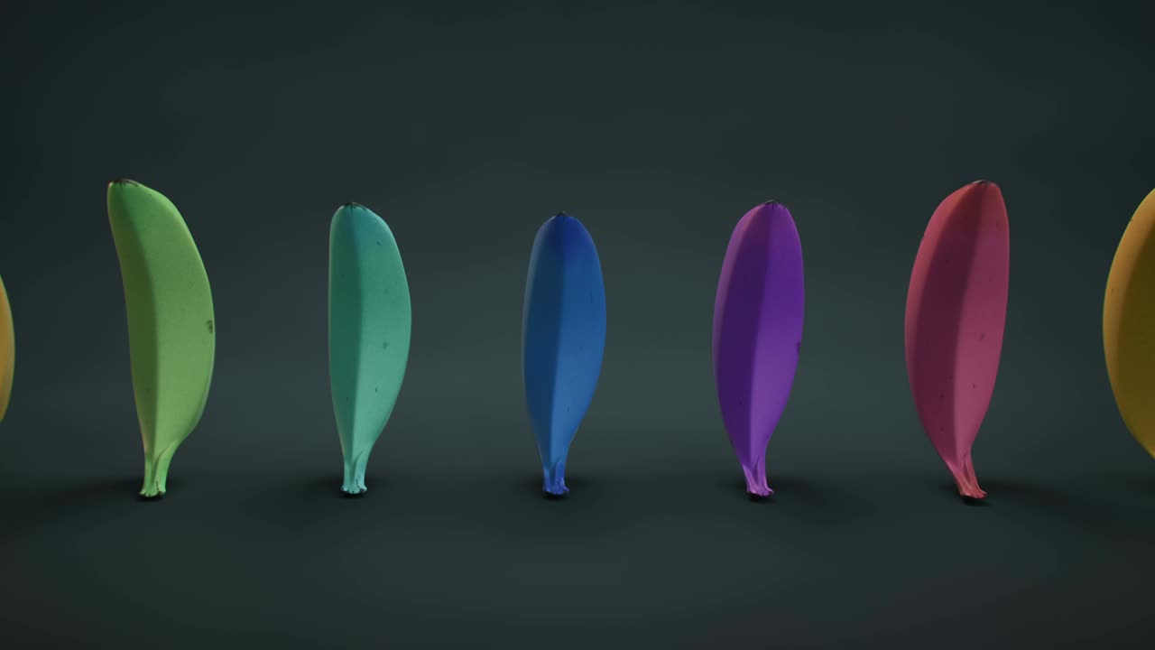 Group of colorful bananas 3D render seamless loop animation