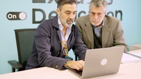Mature businessmen using laptop sitting on meeting room