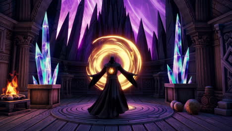 a wizard casting a portal in a dark fantasy temple