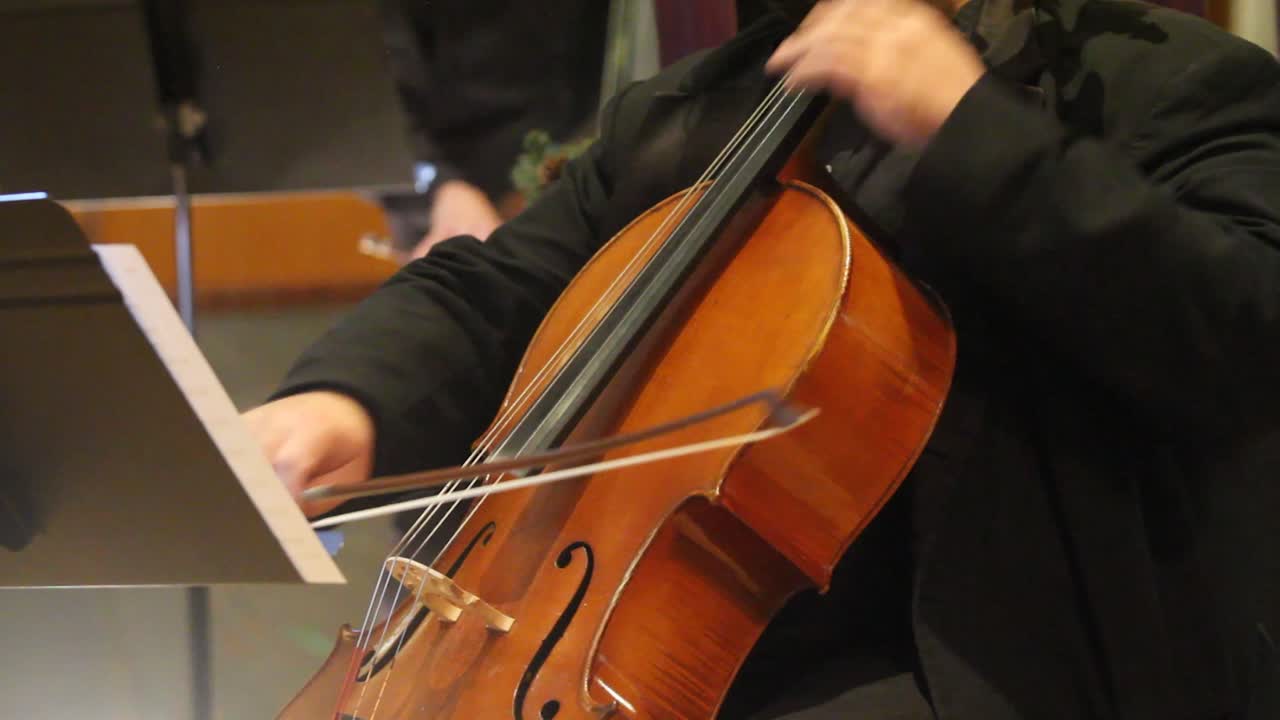 Cello or base being played as part of a symphony