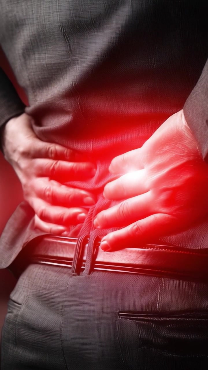 A Close-Up Perspective on Discomfort: A Man in a Suit Gripping His Lower Back While Experiencing Sensations of Pain or Strain with a Red Hue Emphasizing the Area