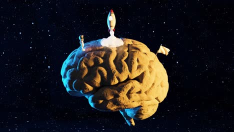 3d animation of brain with astronaut and spacecraft at night