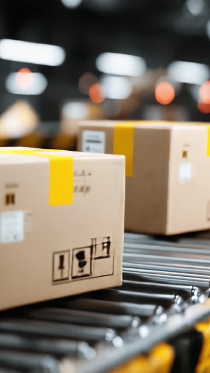 A Modern Warehouse Scene Featuring Cardboard Boxes on a Conveyer Belt System, Efficiently Streamlining Package Handling and Processing in a Busy Logistics Environment