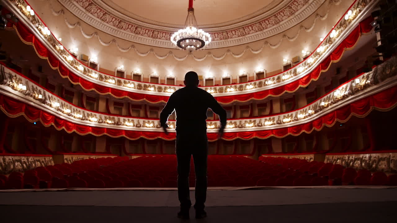 Back view of actor on stage. Man practicing speech with gestures in empty auditorium with red chairs. Performer is reheases in theater.