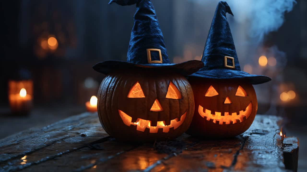 Two pumpkins with witch hats on top of a table. The pumpkins are lit up and have a spooky, Halloween vibe