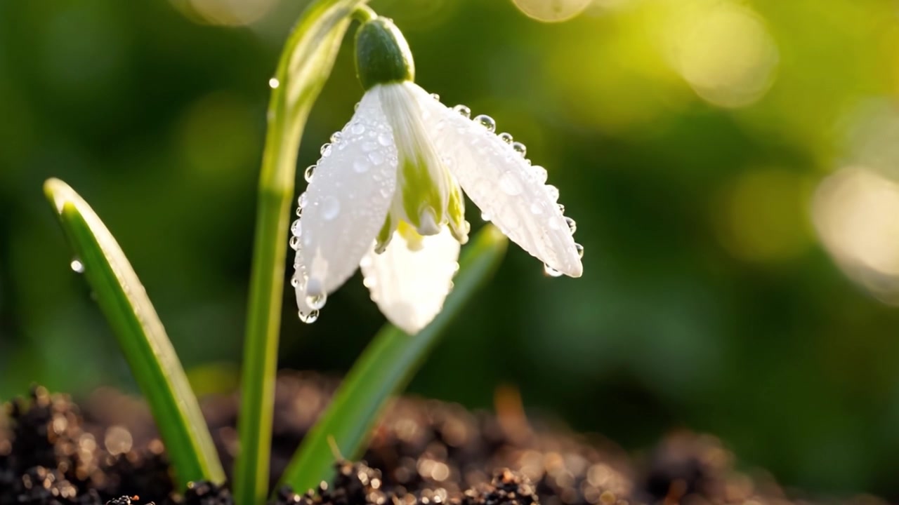 Una hermosa flor de campanilla de invierno emergiendo de tierra fértil, adornada con brillantes gotas de rocío, simbolizando la renovación y la belleza de la naturaleza bajo la luz de principios de primavera.