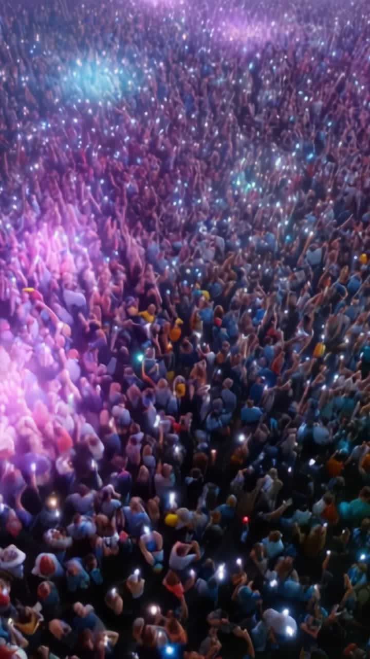 Un abbagliante mare di luci: vista aerea di una folla energica di notte con torce e telefoni cellulari che creano un'atmosfera vibrante e colorata in spettacolari scene di concerto.
