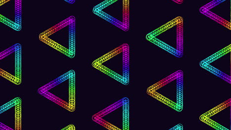 repeat neon futuristic triangles pattern with rainbow rings on black gradient