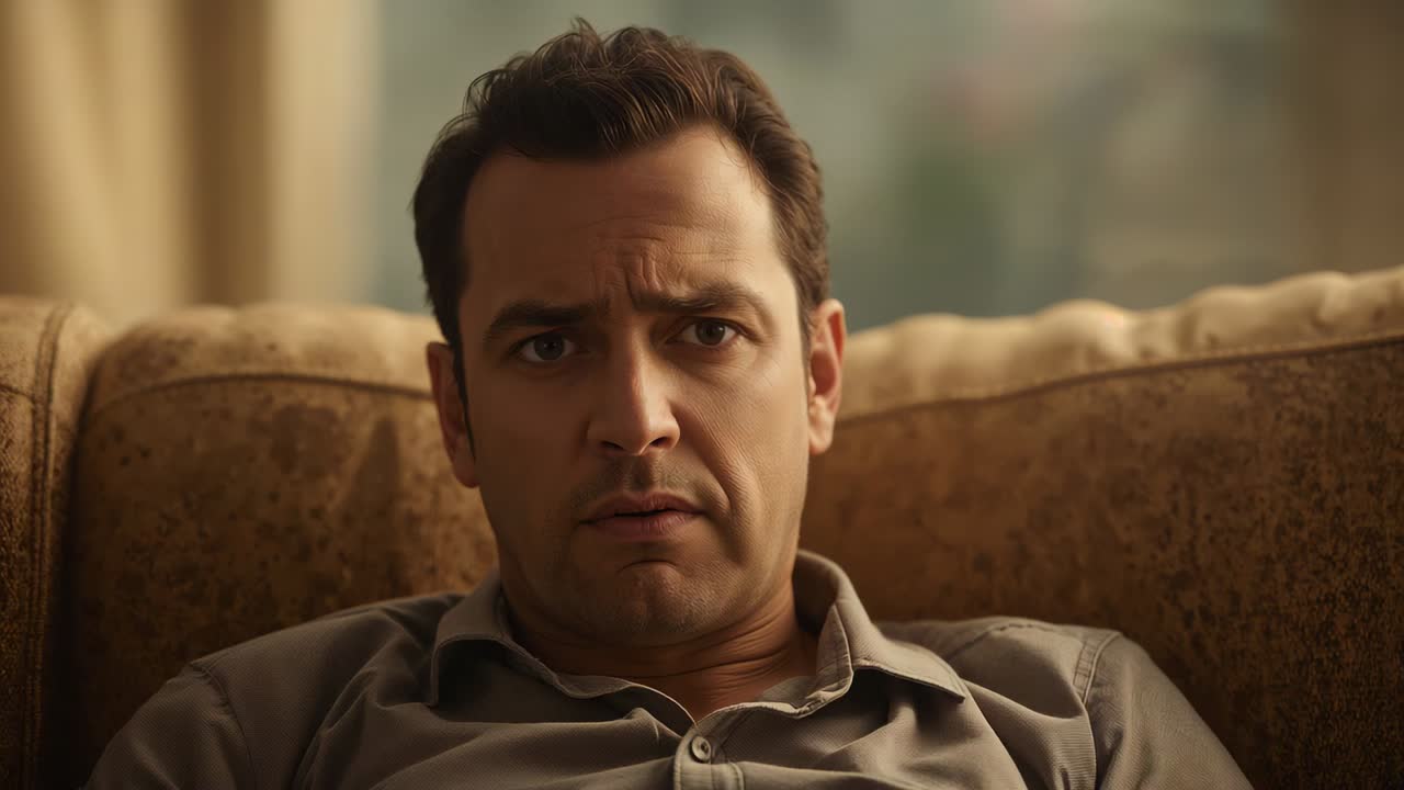 Reacting to off-screen noise, man shifting expressions on patterned couch at home, shirt