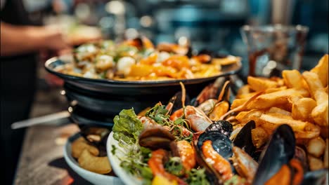 in a professional kitchen, a chef is garnishing a delicious seafood platter consisting of mussels, shrimps, and french fries, ready to be served in a restaurant