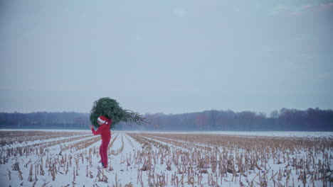 Hombre-Feliz-Colocando-Pino-Cortado-En-Un-Paisaje-Cubierto-De-Nieve-Durante-La-Navidad