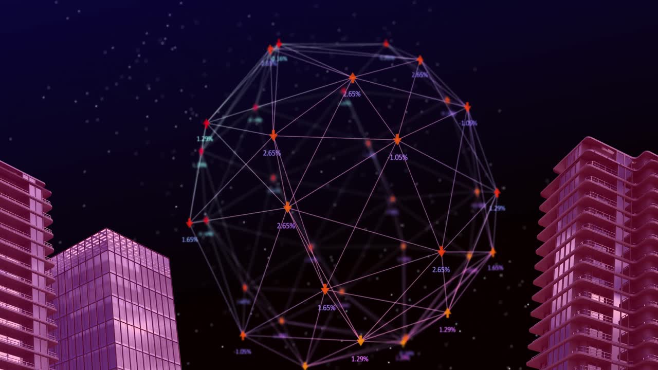 animación de la red de conexiones con procesamiento de datos sobre el paisaje urbano