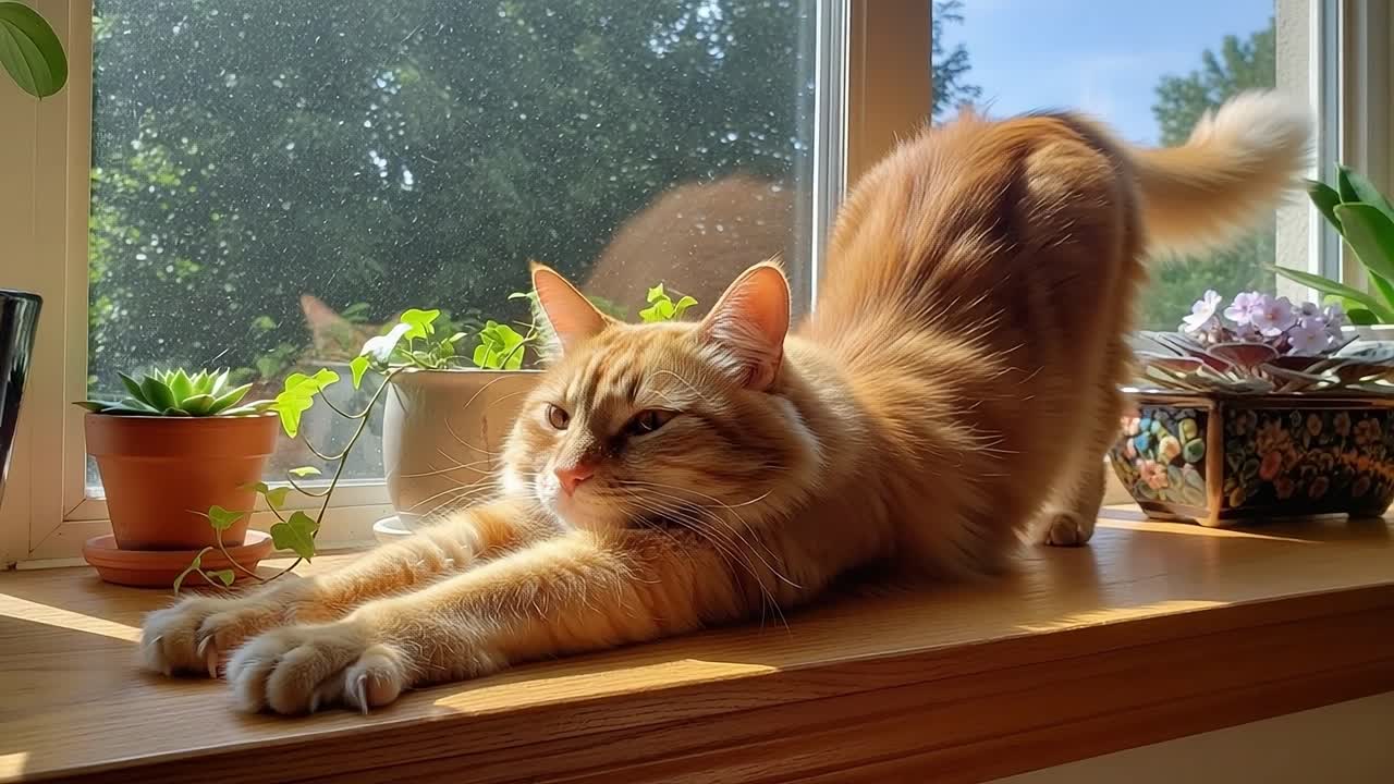 A Relaxed Orange Cat Stretching by the Window: Embracing the Sunlight and Nature's Beauty in a Cozy Indoor Space
