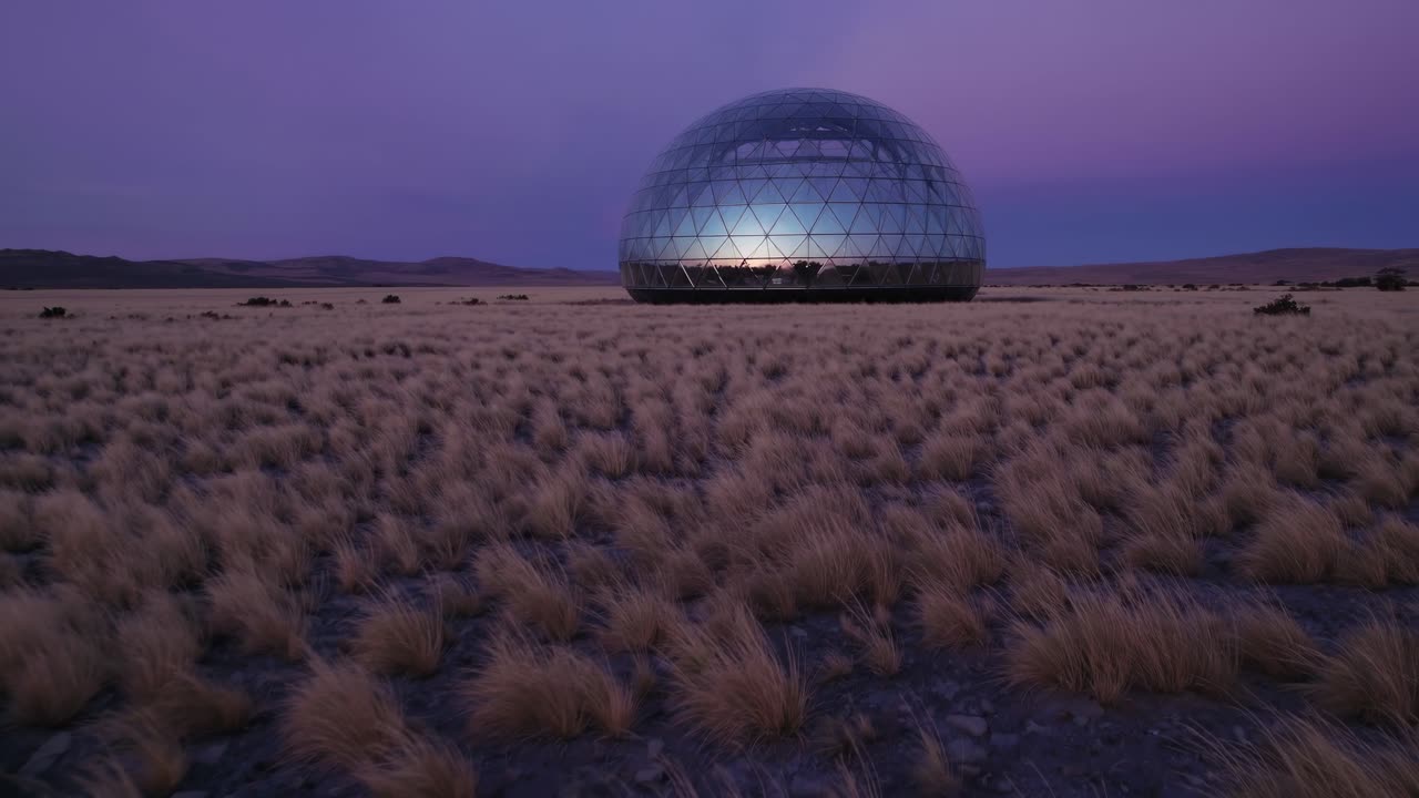 Futuristic geodesic dome is reflecting the beautiful colors of a purple sunset in the middle of the arid Atacama Desert, Chile, creating a stunning contrast between nature and technology