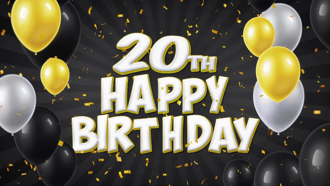 39 20th happy birthday black text with golden confetti falling and glitter particles colorful flying