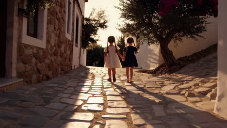 two sisters walking through a charming village street at sunset