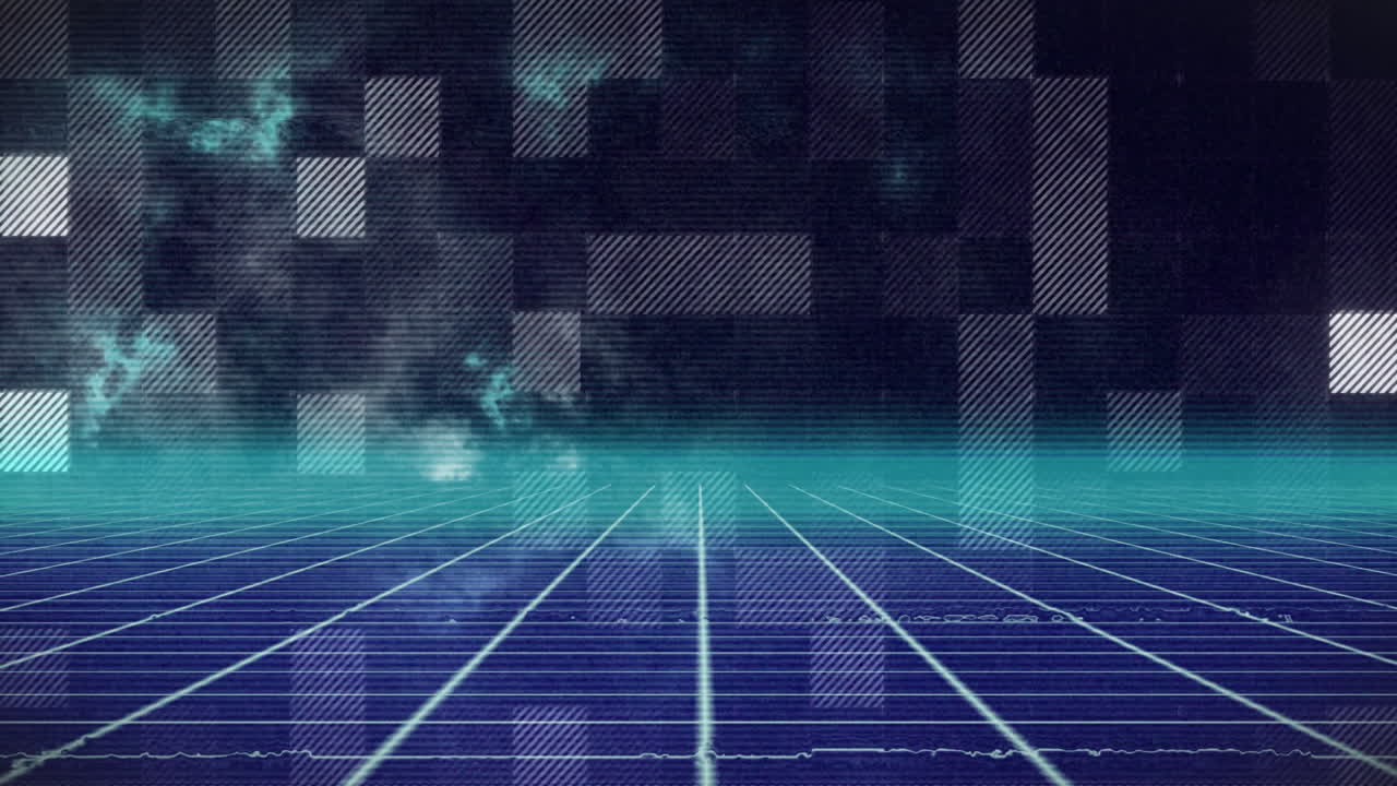 Grid floor glowing with wireframe lines and floating pixel blocks casting retro neon pulses