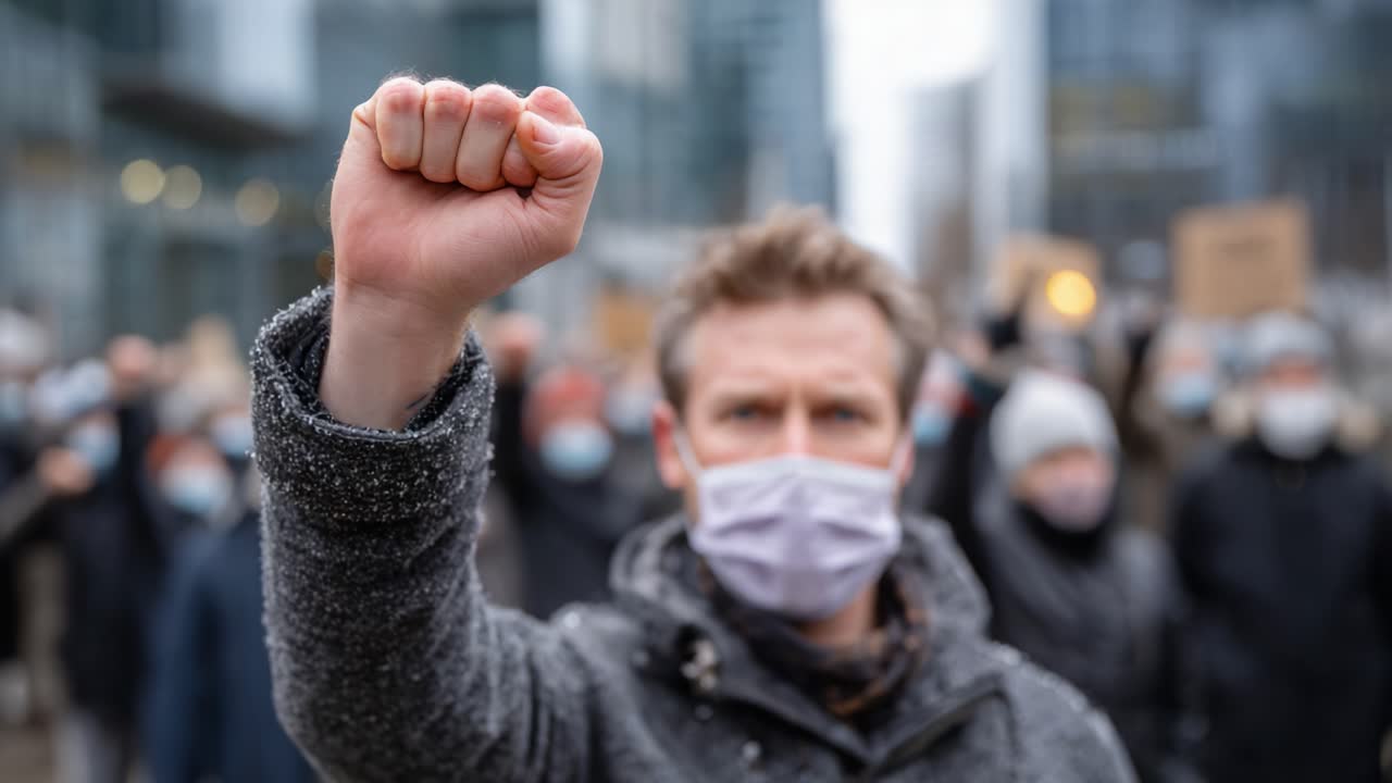 A determined individual raises a fist in solidarity during a public gathering, embodying the spirit of unity and resilience amidst a backdrop of supporters advocating for change
