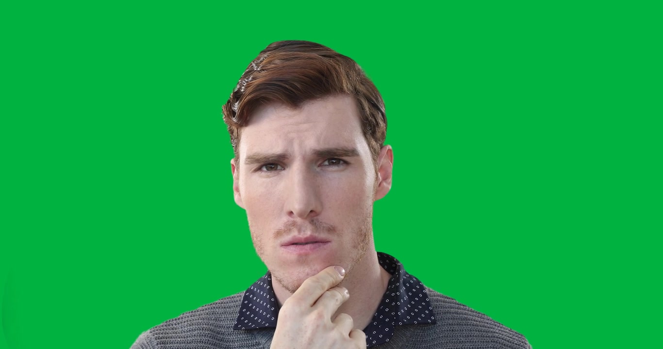 Man touching chin rubbing head on transparent background causing ad icon overhead morphing to chart